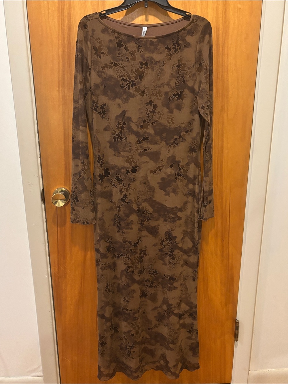 Brown Floral-Print Long Sleeve Maxi Dress